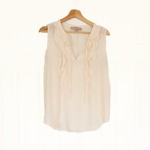 Loft Flowy Cream-White Blouse - Sleeveless Ruffle Front - Size MP